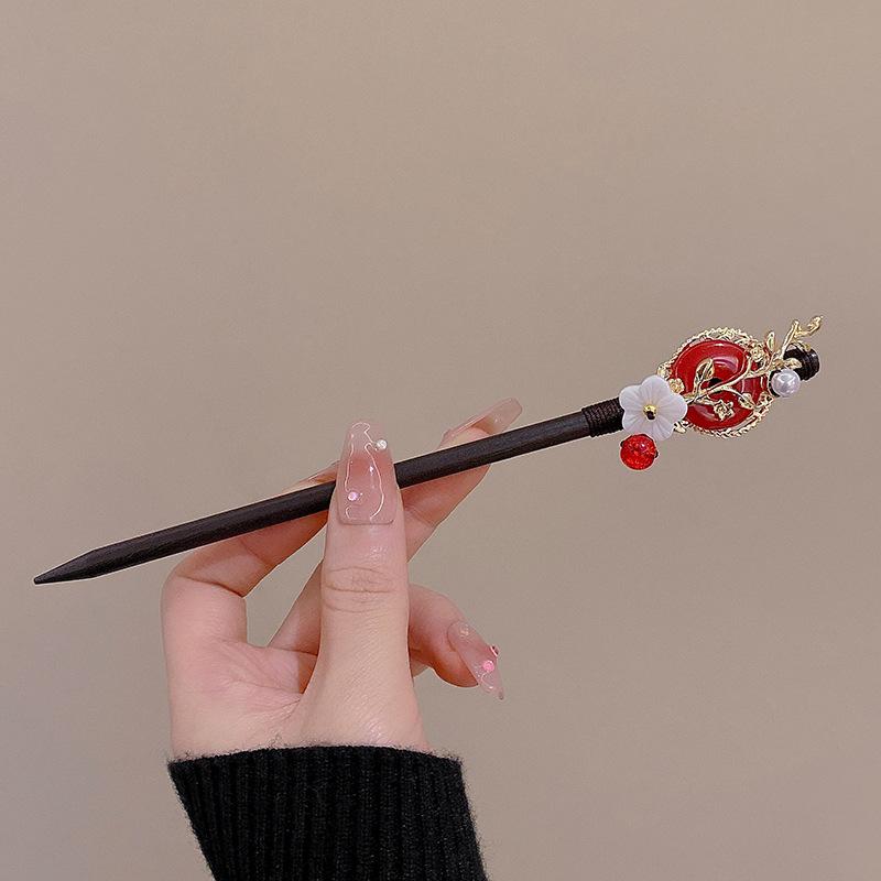 Vintage Wood Red Flower Tassel Hairpin for Women Girl Hair Stick Hair Clip Costume Chinese Style Hanfu Jewelry Hair Accessories