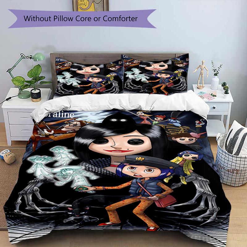 3pcs Coraline (2) Design Cover Set - HD Printed Bedding with 1 Cover and 2 Pillowcases - Perfect for Home and Dorm Decor