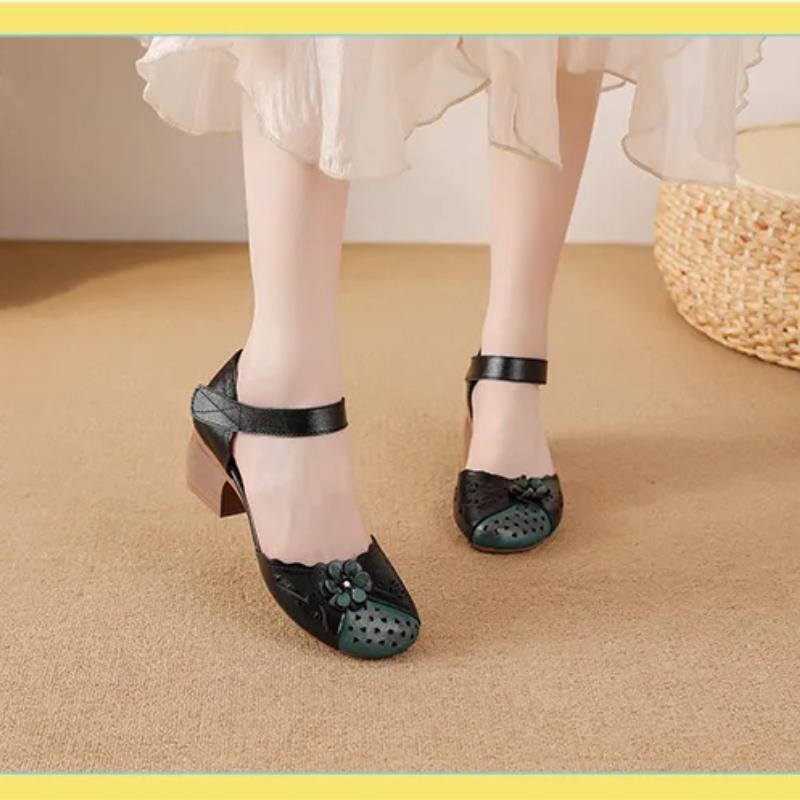 Johnature Ethnic Style Sandals Genuine Leather Thick Heel Flower Mixed Colors Women's Shoes