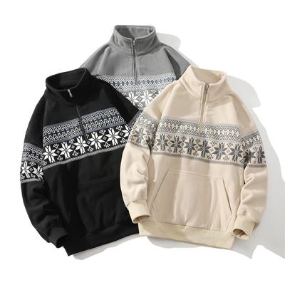 Men'S Autumn And Winter Ethnic Style Color Matching Printed Sweater Men'S Casual Loose Pullover Zipper Jacket Top