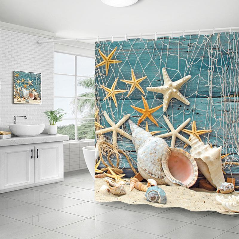Shower Curtain Bathroom Fabric Non-Punching Beach Natural Scenery Digital Printing Shower Curtain With 12 Hooks