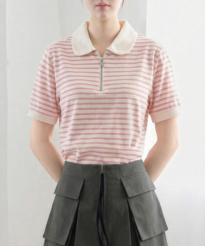 Keulleiseu Js Zip-Up Collared Short Sleeve T-Shirt_Pink