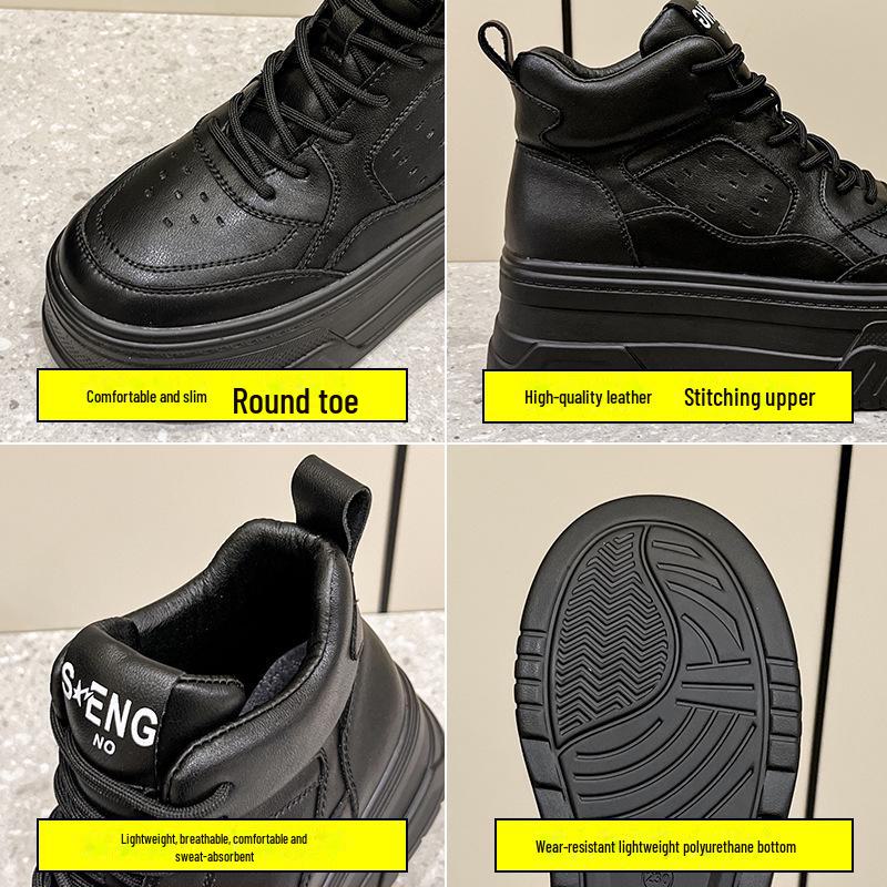 Women's High-Top White Velvet Leather Sneakers, 2023 Trendy Thick-Soled Platform for Height Enhancement