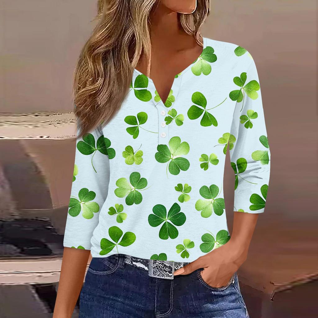 3/4-Ärmel-Shirts für Damen Niedliche Druck-Grafik-T-Shirts Blusen Lässige Blusen V-Ausschnitt Tunika-Tops St. Patrick's