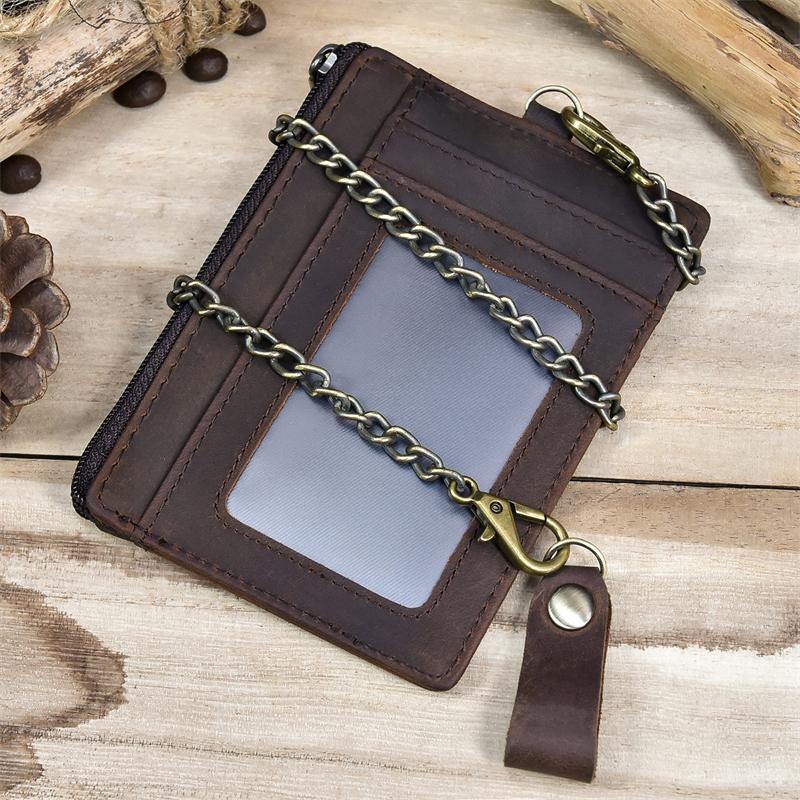 Genuine Leather Card Purse Men Women ID Credit Zipper Mini Coin Purse Wallet With iron Key Chains Men's Small Wallet For Tickets