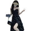 French coffee break suspender floral dress new women's summer black temperament waist thin split dress