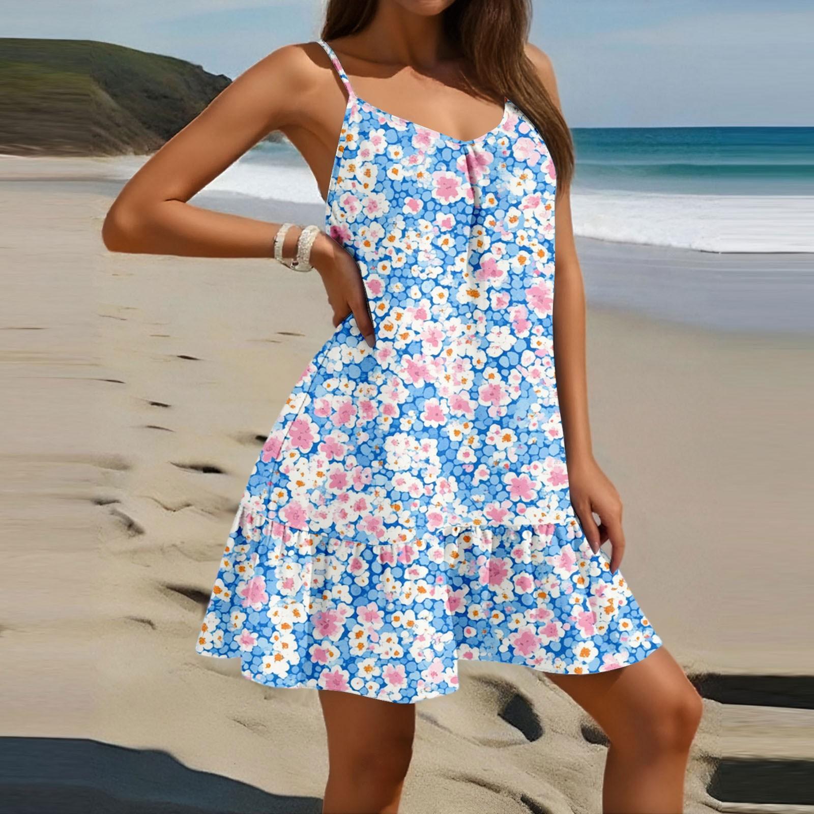 

Women s Fashion Casual Sleeveless Round Neck Loose Floral Print Beach Dress XL