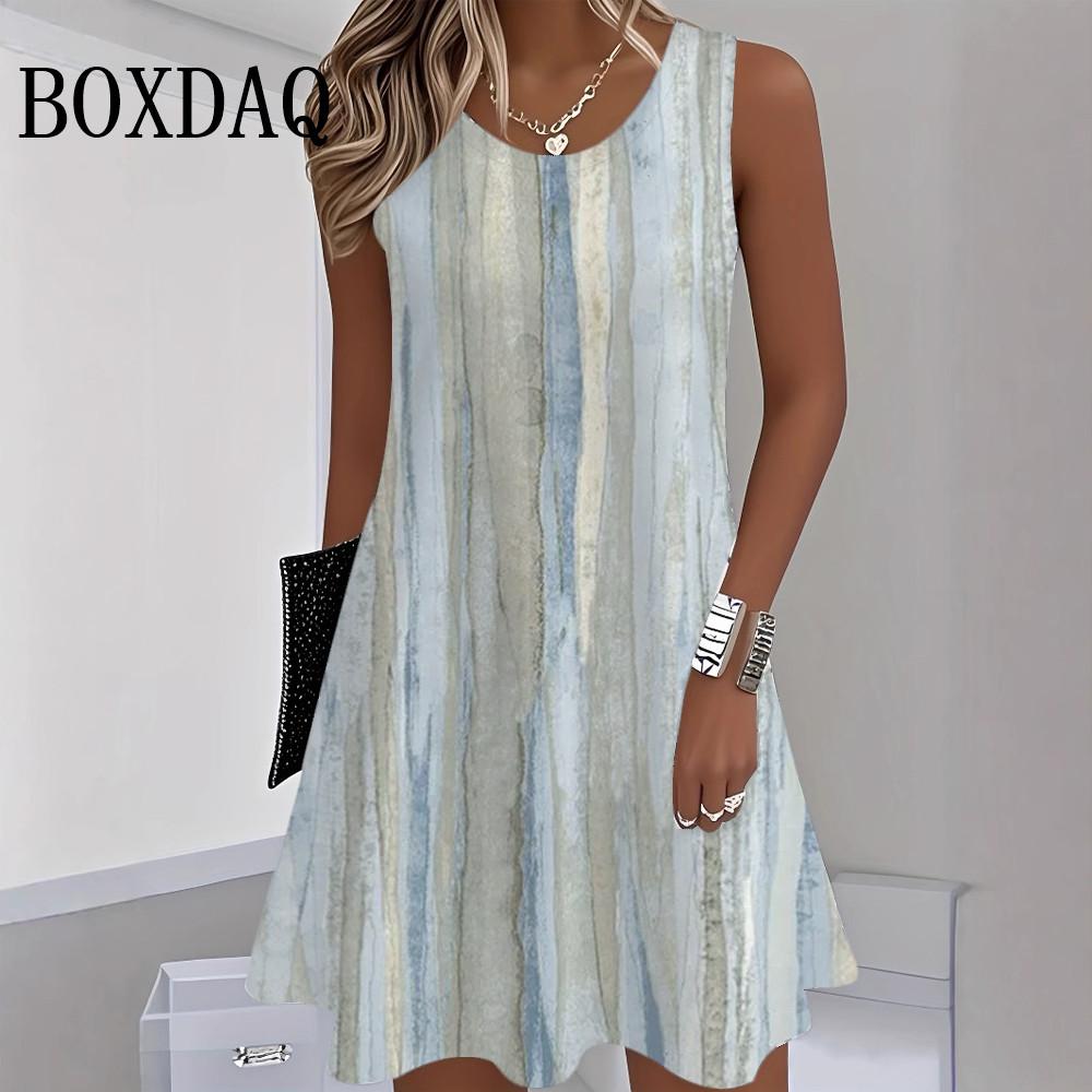 Summer Women's Tank Short Dress Loose Sundress Striped Printed Round Neck Dress Casual Fashion Beach Sleeveless Dresses