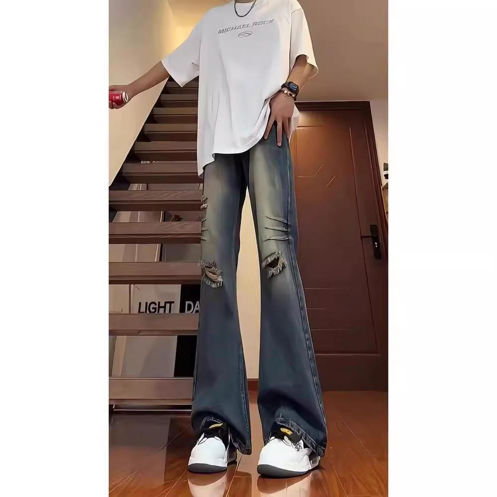 Semi-elastic jeans men's and women's summer thin ripped pants American high street vibe straight-leg micro-pull pants