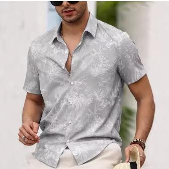 Camisa Masculina de Manga Curta com Botões Estampa Folha de Palmeira Tropical 2026, Camisa Casual de Verão Estilo Praia Casual