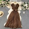 Sommer Neues Französisches Chic Maxikleid Damen V-Ausschnitt Ärmellos Schnürung A-Linie Falten Damenkleider Damen