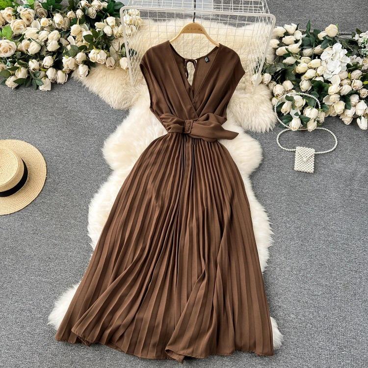 Sommer Neues Französisches Chic Maxikleid Damen V-Ausschnitt Ärmellos Schnürung A-Linie Falten Damenkleider Damen