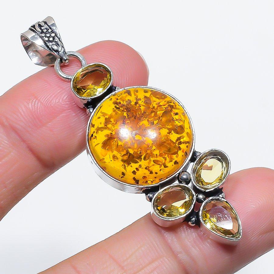 Natural Baltic Amber, Citrine 925 Sterling Silver Jewelry Pendant 2.36" f3w75