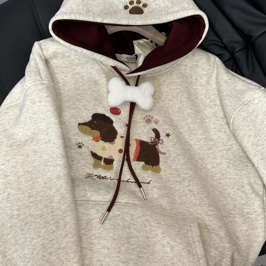 

Женский ретро худи с вышивкой щенка, Осень/Зима 2025, Маленький размер, Свободный крой, Длинный рукав S