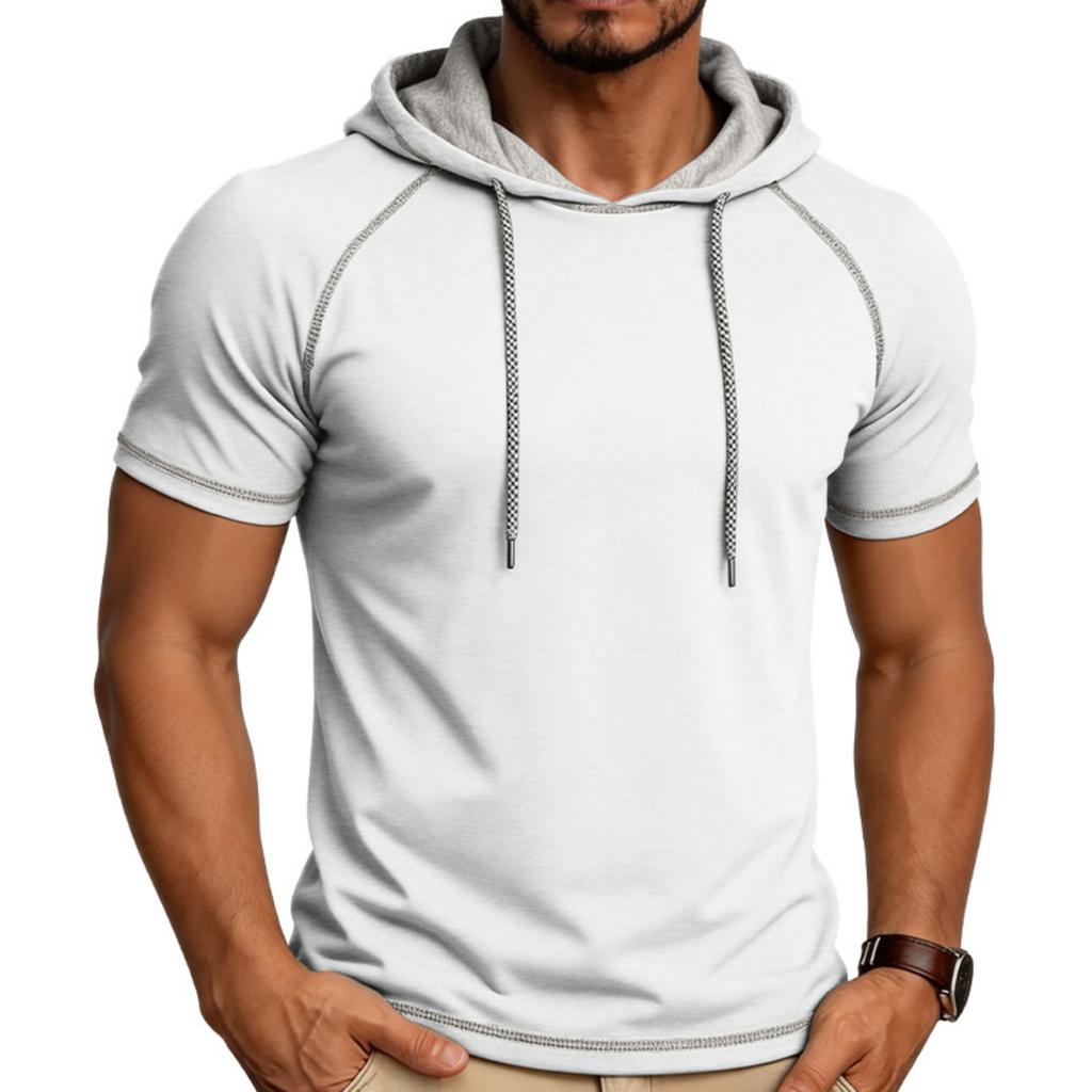 Camiseta de Manga Corta con Capucha para Hombre Casual Pullover Ligera Manga Raglán Sudadera con Cordón Ajuste Atlético Top de Verano