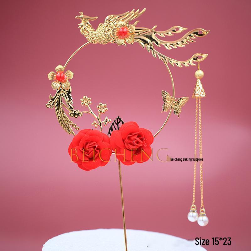 Longevity God Grandma Birthday Cake Topper with Plum Blossom Fan