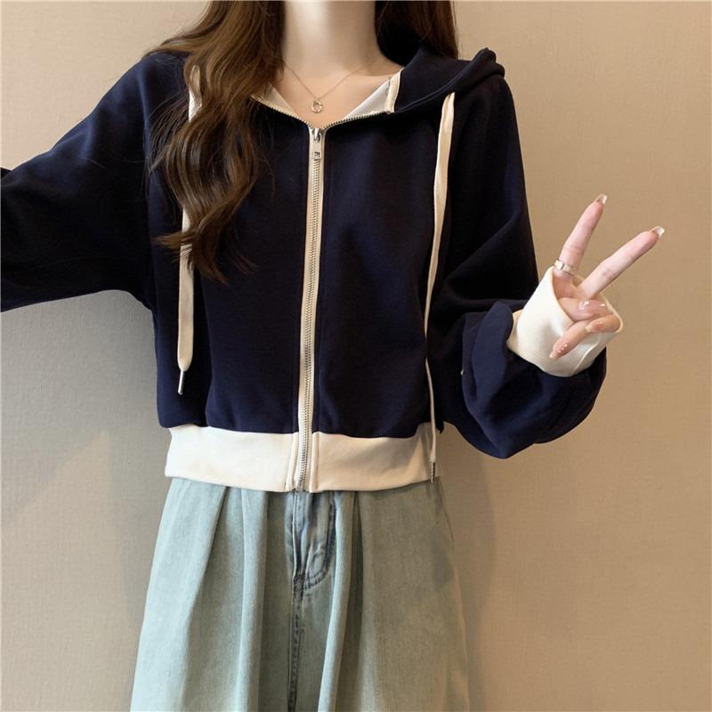Real Shot Cotton Hooded Drawstring Sweater Women's Thin Loose Short Cardigan Top