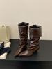 Europe, America 2025 new kitten heel pointed retro pleated sleeve stacking boots wide tube women's two wear medium tube boots