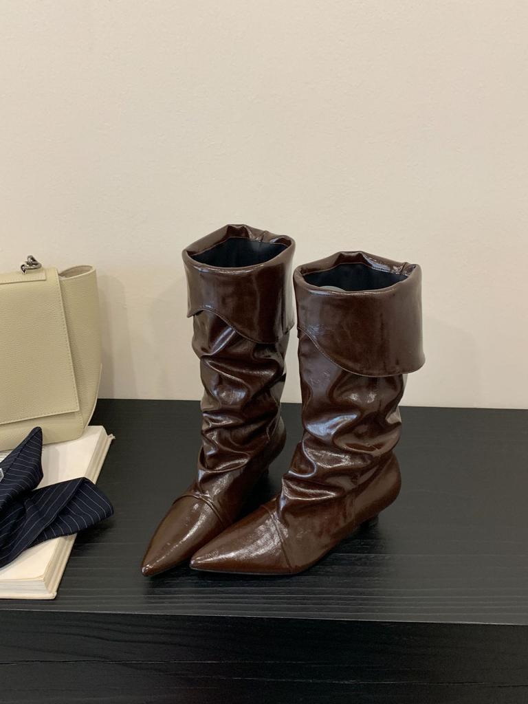 Europe, America 2025 new kitten heel pointed retro pleated sleeve stacking boots wide tube women's two wear medium tube boots