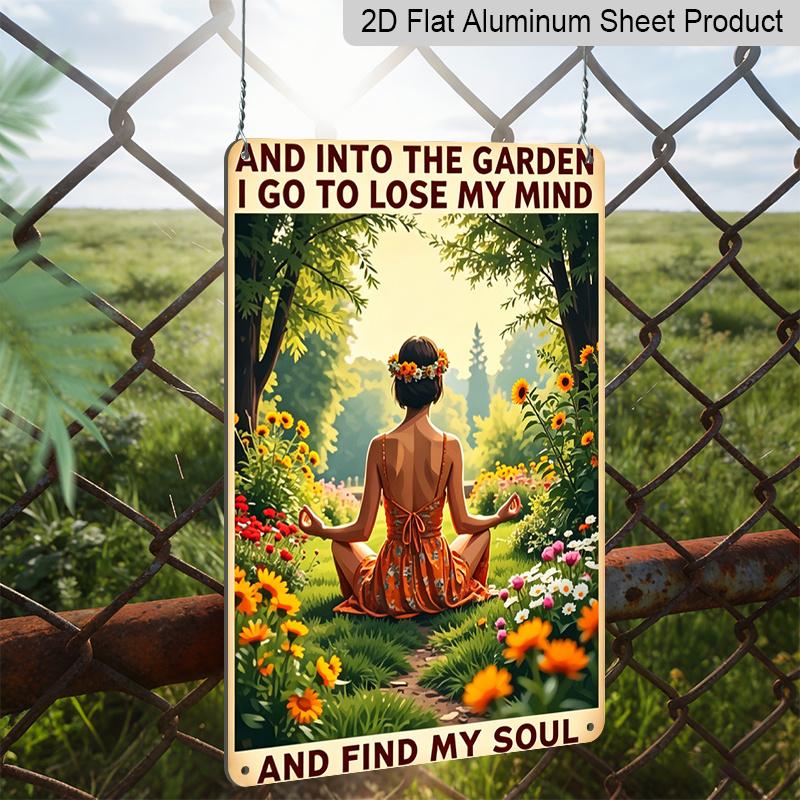 2D Flaches Vintage Garten Zitat Aluminiumschild "Und in den Garten gehe ich" Yoga Mädchen Wanddeko Boho Yoga Wandkunst Gartendekoration, Hinterhof, Terrasse, Yoga