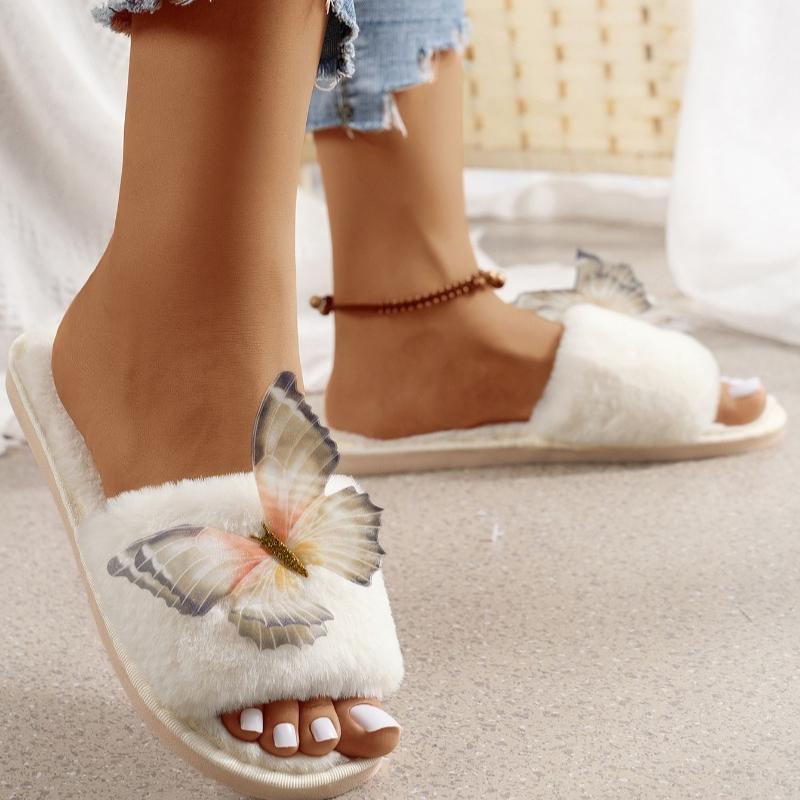 Fashion Hot-selling fashionable Plush Cotton Slippers 2025 Winter New Butterfly Indoor Home Warm Flat Bottom Non-slip Slippers