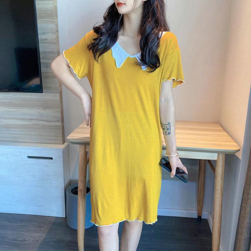 Modal Cotton Doll Collar Nightdress - Short Sleeve, Medium-Long, Loose Fit for Women