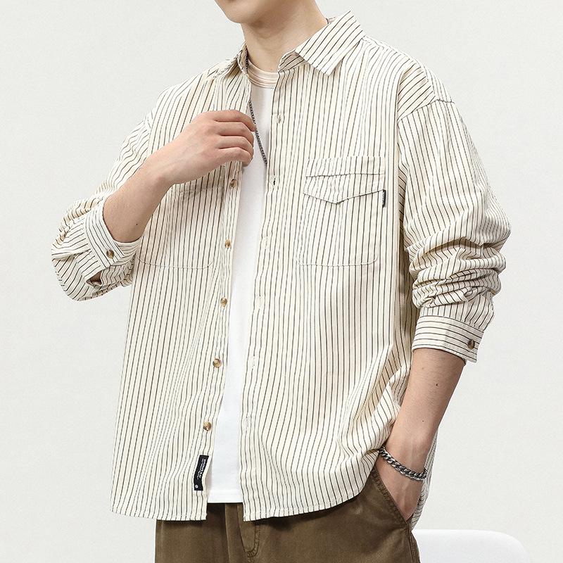 

Working Shirt Jacket for Men Spring and Autumn Retro Striped Casual Loose Trendy Shirt Jacket 3XL
