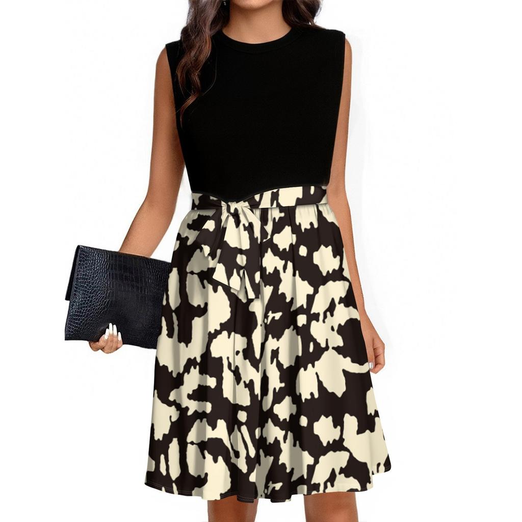 Women's Fashion Casual Lace-up Sleeveless Round Neck Splicing Short Dress
