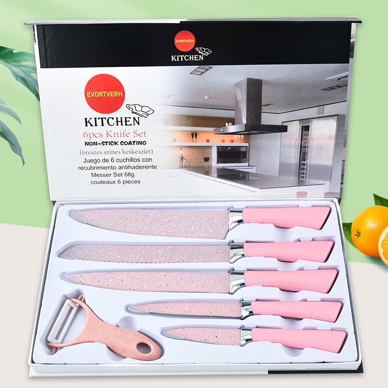 

Розовый набор кухонных ножей из нержавеющей стали из шести предметов, цветной подарочный набор ножей