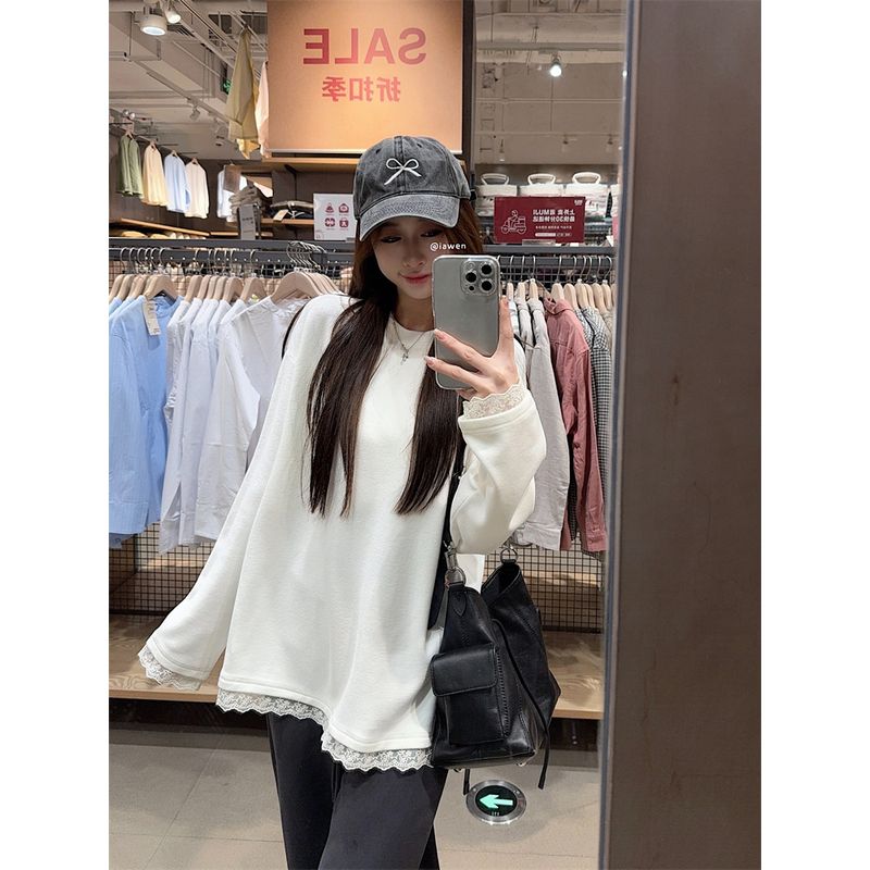 Kumikumi Idle Style White Lace Stitching Long Sleeve T-shirt Women Fall Easiest for Match Loose Slim-Fit Casual Shirt