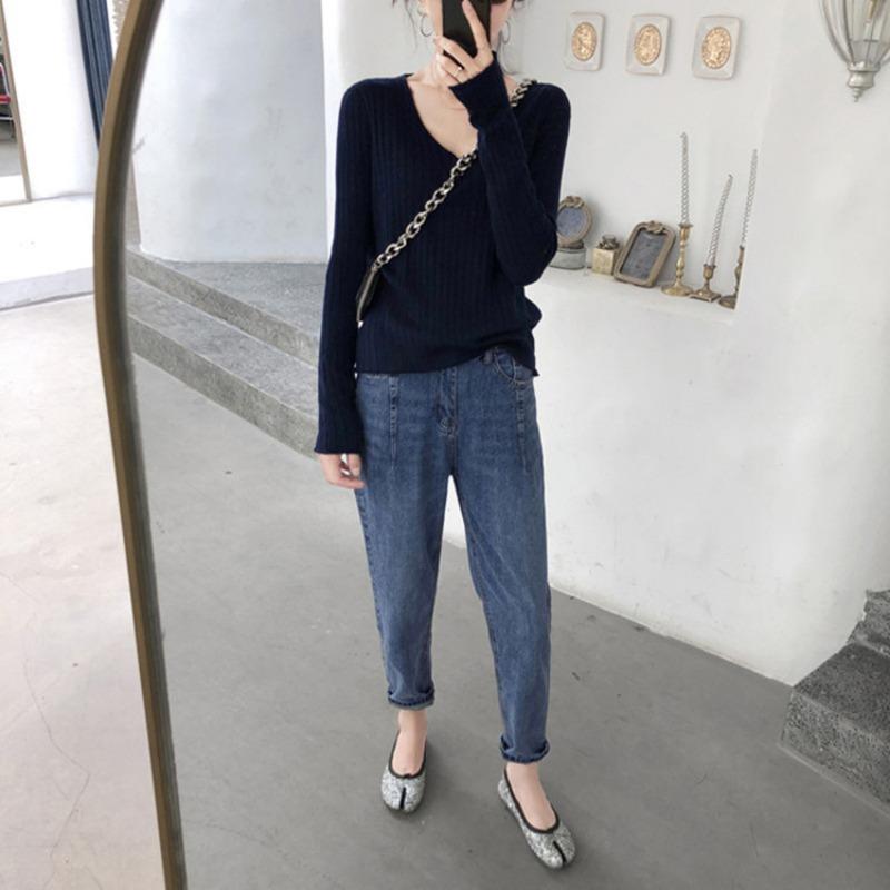 Spring and Autumn Lazy Style Long-sleeved Autumn Clothes Women's Outerwear, Loose Pullover V-neck T-shirt Sweater All-match Top 1739#