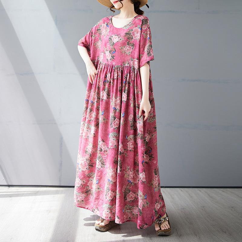 Summer new simple bohemian long dress fattened and enlarged short-sleeved crew neck printed dress women's clothing