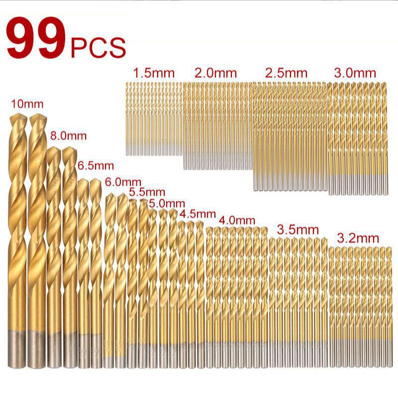 99Pcs 1.5mm - 10mm Titanium Coated Drill Bits HSS High Speed Steel Drill Bits Set Tool High Quality Power Tools