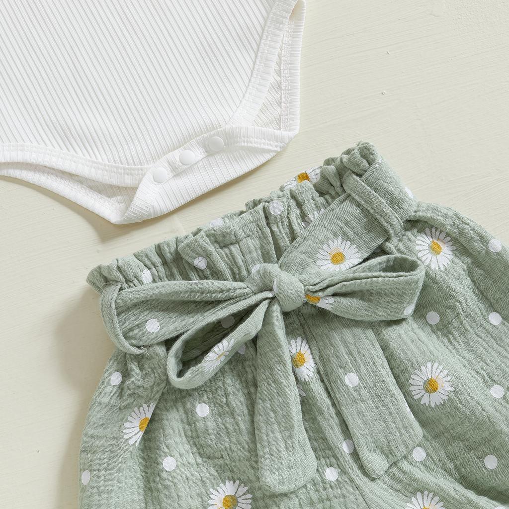 Baby Girls Summer Shorts Outfits Short Sleeve Ribbed Romper Belted Daisy Print Shorts Headband Sets