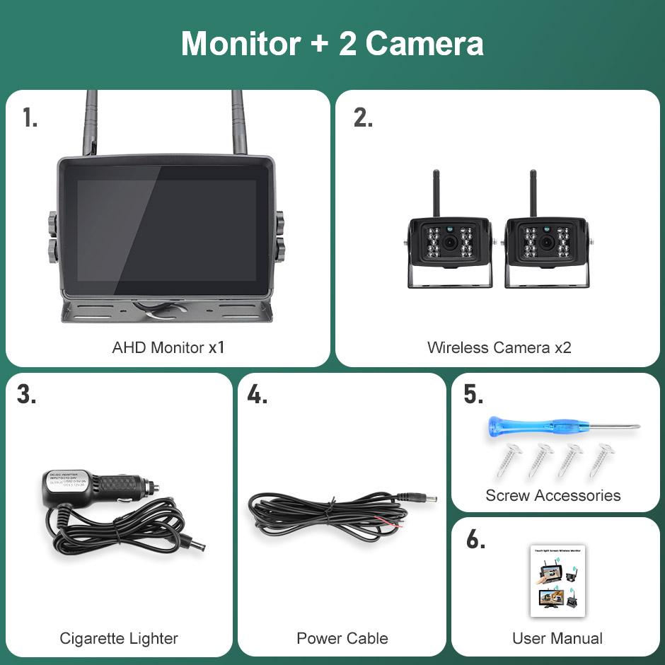 

7-дюймовый сенсорный экран 4-канальный беспроводной AHD цифровой видеорегистратор запись WiFi монитор ИК ночное видение 2 шт камера заднего вида для грузовика/прицепа/автобуса/RV None