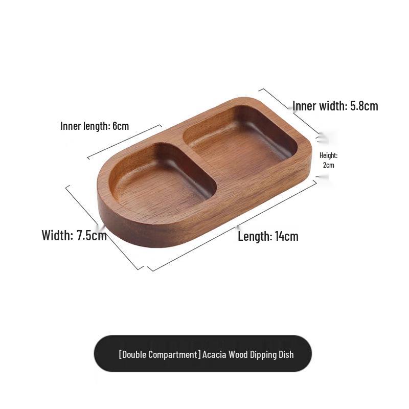 Acacia Wood 3-Compartment Condiment Dish, Snack & Sauce Plate for Hot Pot or BBQ.