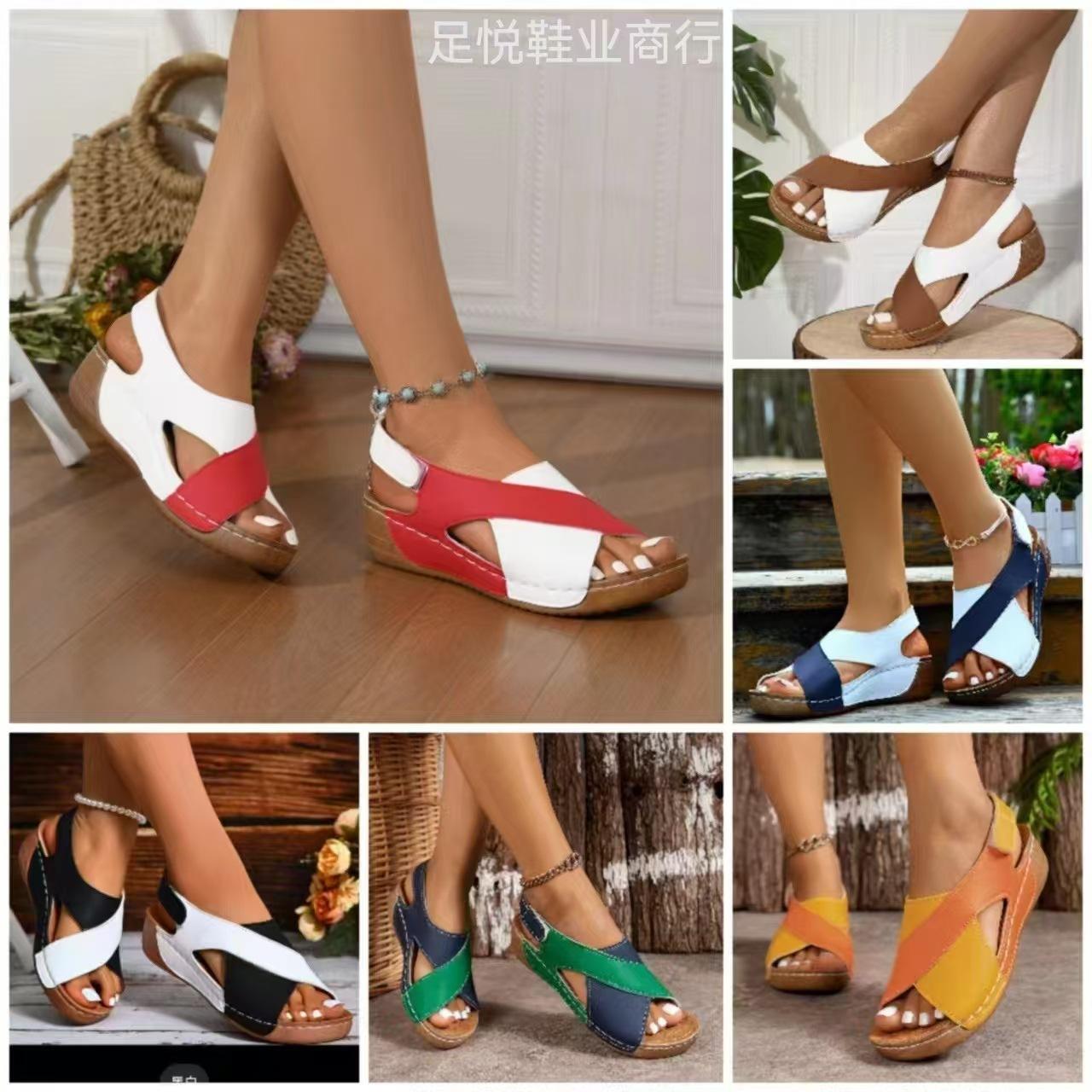 

European and American Roman sandals women s new muffin bottom Velcro breathable open-toed beach sandals women in the summer of 36