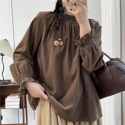 Casual Elasticated Corduroy Top Women Japanese Forest Balloon Sleeve Shirt Autumn Winter