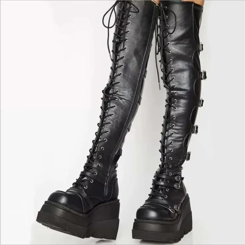 Gothic Overknee Stiefel Damen Plateau Wedges Motorradstiefel Overknee Army Stripper Heels Punk Schnürgürtel Schnalle Lang