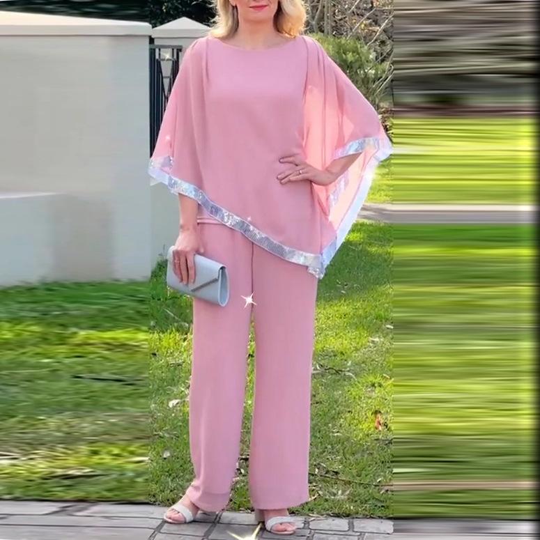 2025 Autumn Sequin Batwing Top & Wide Leg Pants Set - Round Neck, Two-Piece Ensemble