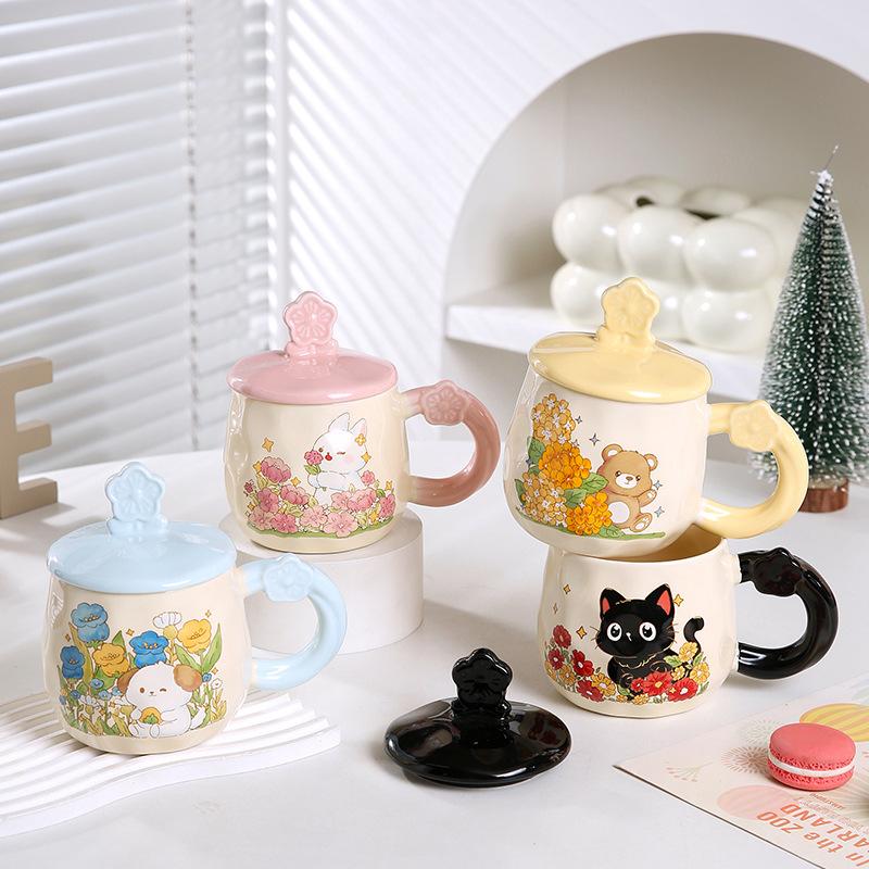 

Кружка для девочек с рельефным рисунком животных и крышкой, керамическая кружка, термостойкая, для офиса, подарок 390ML