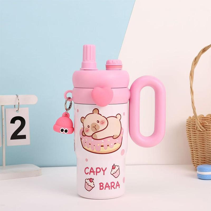 850ML Cartoon Cute Thermal Water Bottle With Straw Handle Large Capacity Student and Children Double Drinking Tumbler Coffee Cup