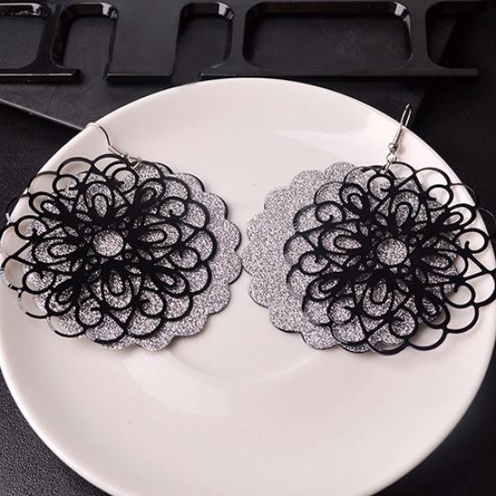 Women Vintage Ethnic Chic Large Round Hollow Flower Dangle Eardrops Hook Earrings