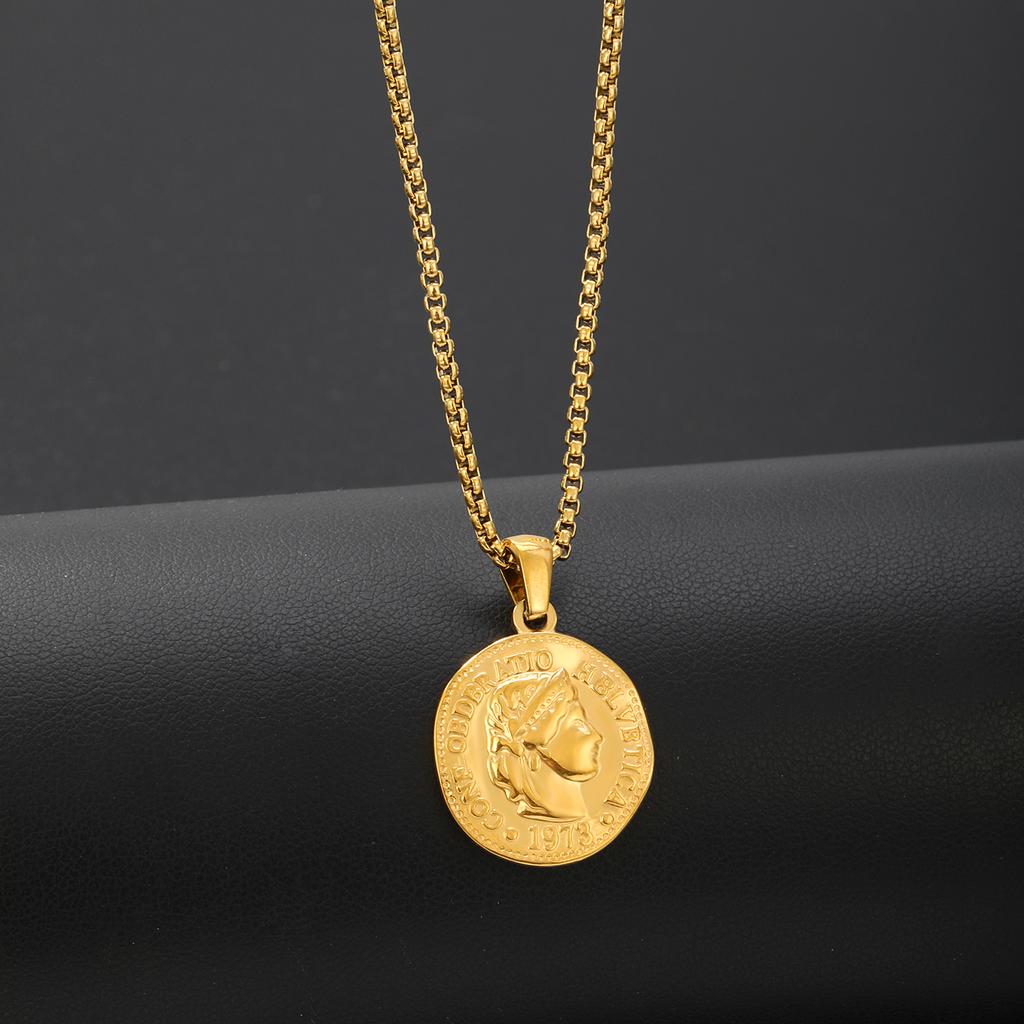 Chunky Punk Style Portrait Round Shape Pendant Necklace Waterproof Stainless Steel Popcorn Link Chain Male Hip Hop Jewelry Gifts