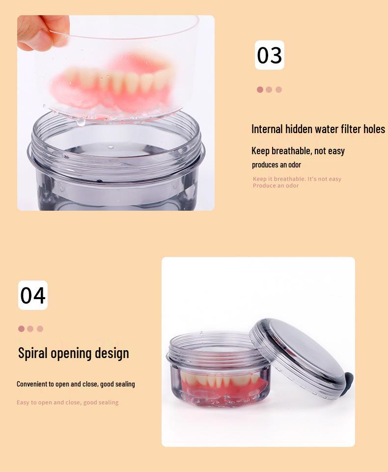 Large Capacity Denture Cleaning and Storage Box with Food Grade Retainer Soaking and Drain Feature