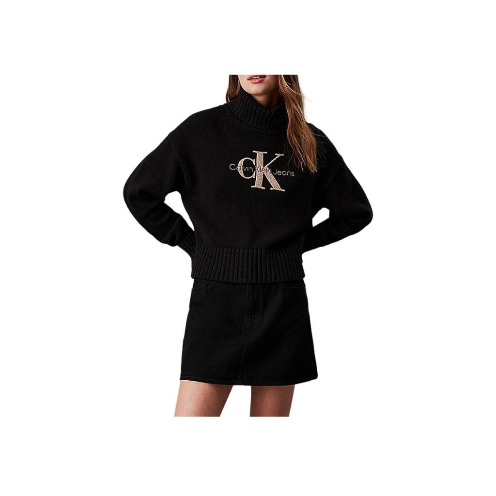 Calvin Klein Logo Embellished High Neck Fitted Long Sleeve Sweater Women sweater Black J20J224229-BEH