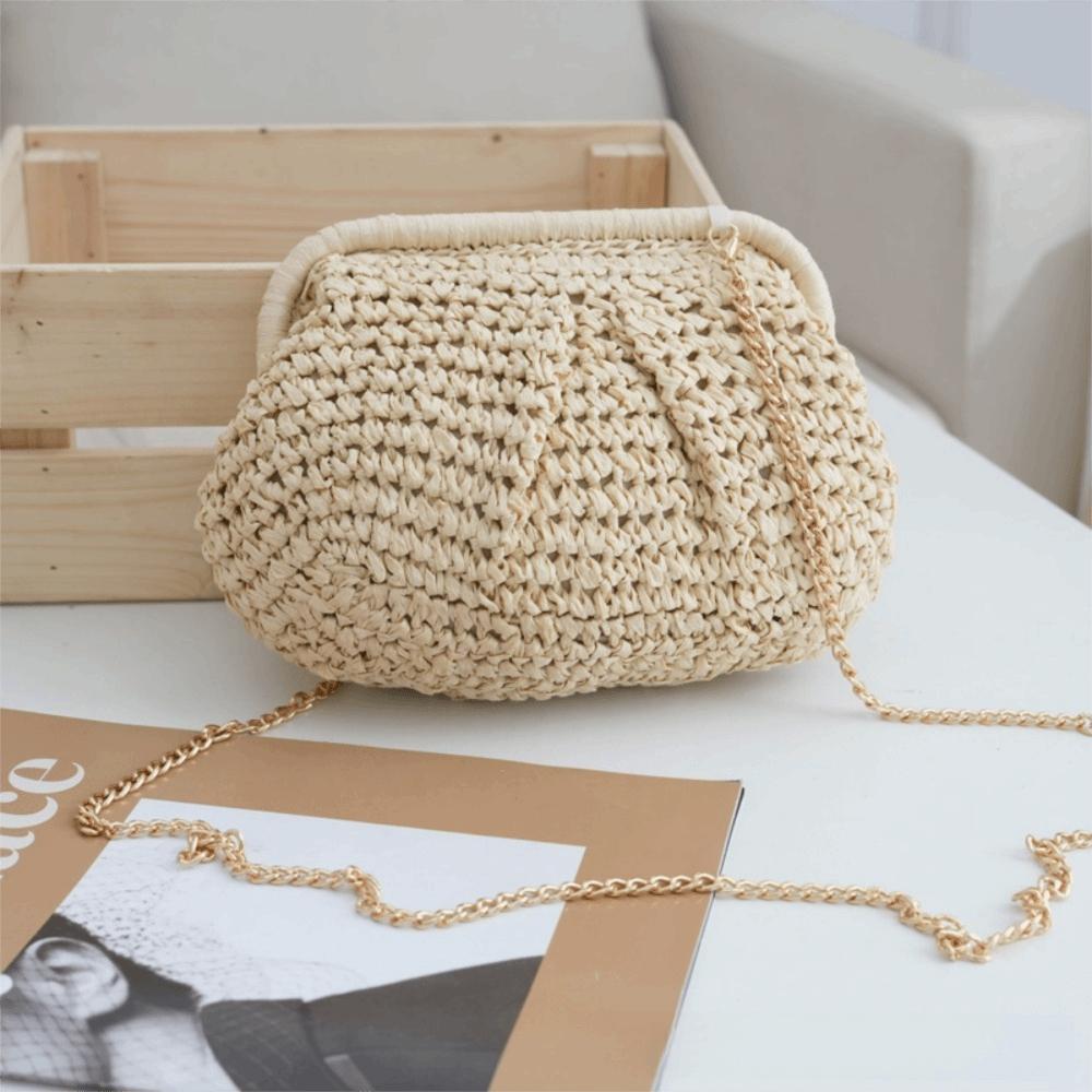 New Large Capacity Straw Woven Bag Solid Color Straw Weaving Straw Crossbody Handbag with Chain Strap Shoulder Bag Beach