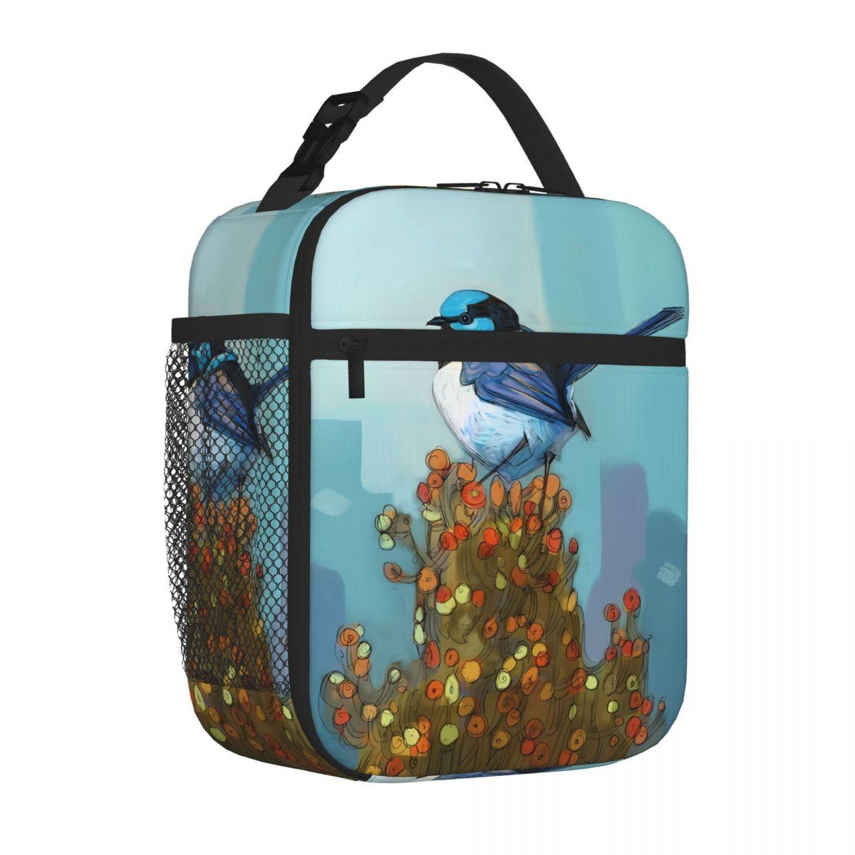 Bestselling Blue Wren On Bush Zipper Closure Camping Lunch Bag Grocery Carry Neoprene Lunch Bag One Size