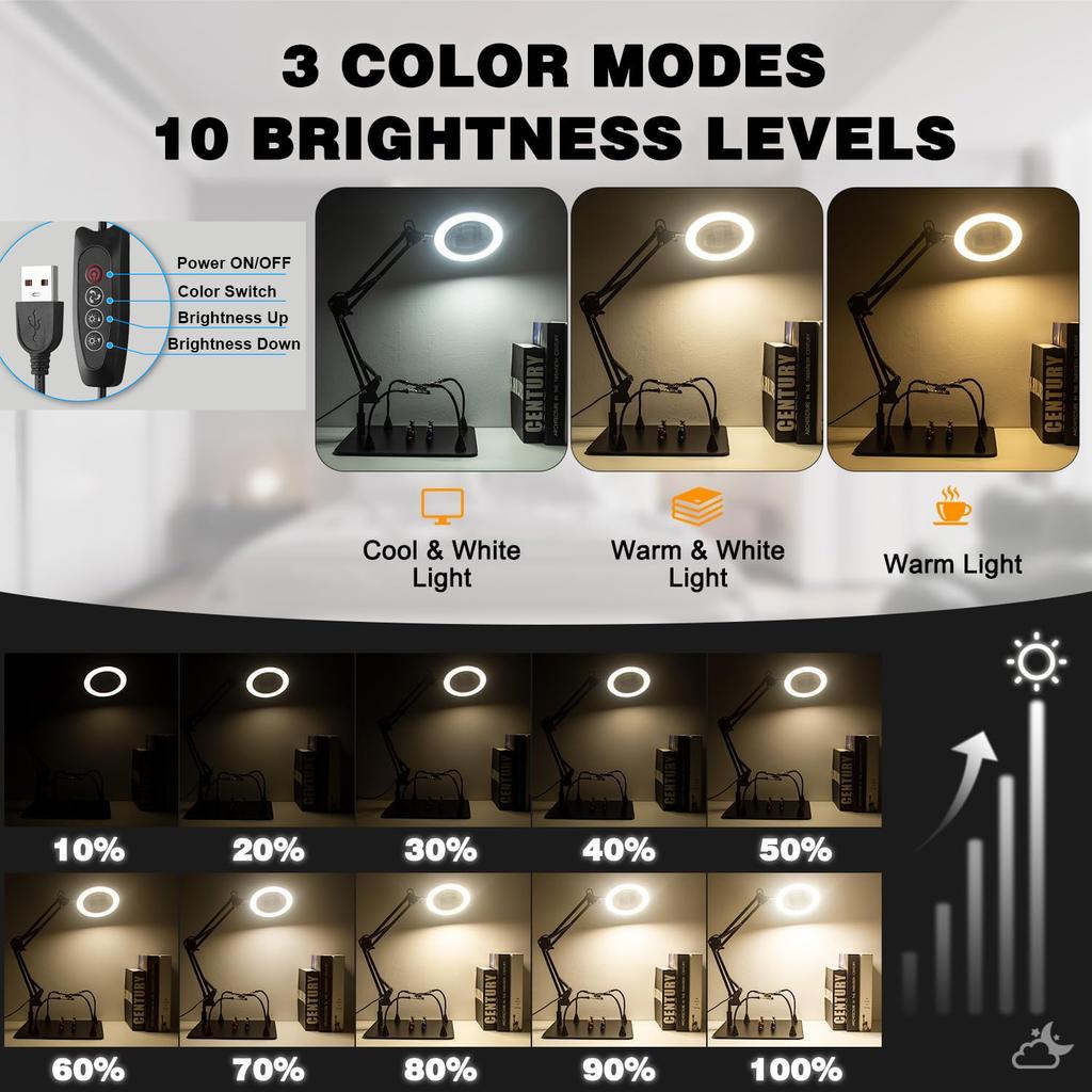 10X LED Magnifying Glass with Magnetic Base 3 Color Modes Adjustable Soldering Station with Stand for Electronics/Jewelry Repair