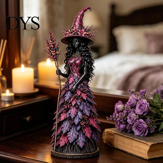 Small Witch Sculptures for Bookshelf Seasonal Figurine Ornament, Handcrafted Resin Statue Halloween Thanksgiving Holiday Party Prop Decorations